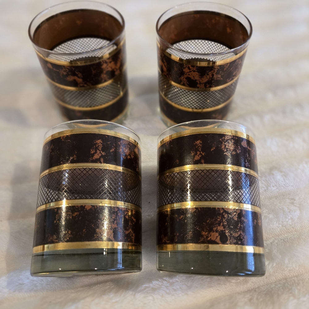 Vintage Georges Briard Glasses Tortoise W/ Gold Trim Set of 4 Barware Whiskey